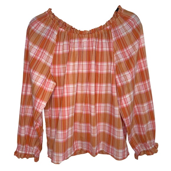 J.Crew Plaid Peasant Top 100% Cotton Ruffle Orange Pink Med Cottagecore Prairie - Picture 2 of 14